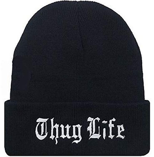 QIANWEIXI Beanie Herren Winter Black Letter Hat Für Männer Thug Life Strickmützen Männlich Weiblich Winter Skullies Und Beanies Frauen Casual Hüte Caps Black_White