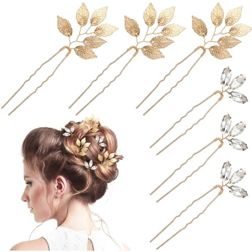 Lurrose 6 Pcs Épingles à Cheveux de Mariée Or Cristal Feuille Épingles à Cheveux Feuille de Mariage Chignon Broches pour Les Femmes