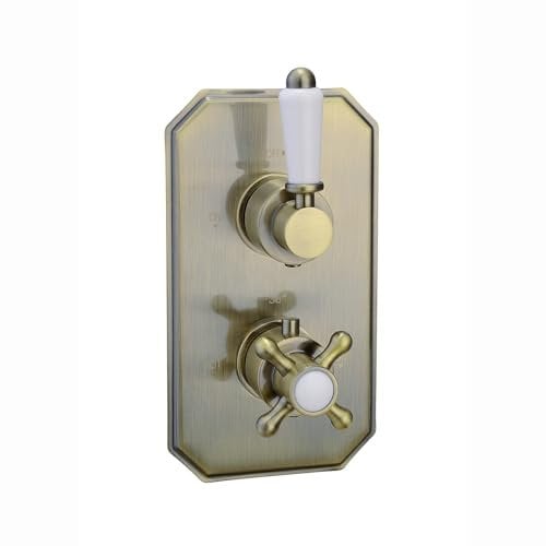 ENKI, Regent, TSV043, Antique Brass Single OutletTwin Concealed Thermostatic Shower Mixer Valve Tap for Bathrooms, Traditional Victorian Style