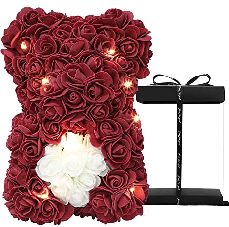 Orso Rosa,Orsacchiotto Rosa Regalo,Orsacchiotto Da Rose Artificiali,Regali Di San Valentino Per Lei,Egalo Per La Festa Della Mamma,Con Una Confezione Regalo Trasparente (Rosso Vinaccia)