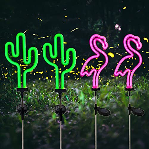 CDIYTOOL Lot de 4 lampes solaires en forme de flamant rose pour extérieur, éclairage néon décoratif, cactus vert et flamant rose