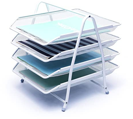 EXERZ Briefablagen 4 Ebenen, freistehender Papiersortierer, Schreibtisch-Organizer, Aktenhalter,Drahtgitter-Metall-Aktenregal - Büro, Schule, Zuhause, Arbeitszimmer (4 x Weiß)