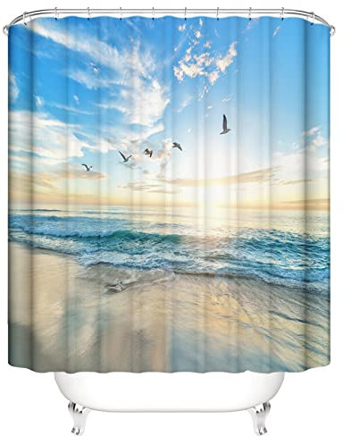 OCEUMACO 3D Strand Motiv Duschvorhang 180x200 Blau Meer Landschaft Shower Curtains Textil Antischimmel Wasserdicht Vögel Sonnenuntergang Duschvorhänge Badewanne Stoff aus Polyester Waschbar