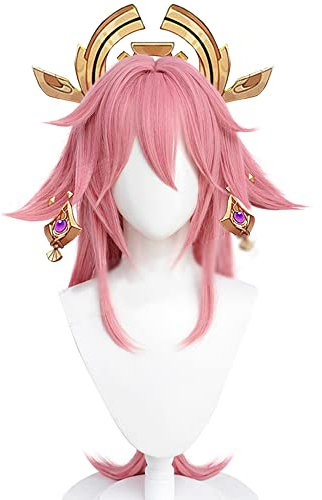 BRADEC Yae Miko, rosa Umgedrehtes langes Haar, Genshin Impact, Spiel-Anime-Perücke, hitzebeständige Seidenperücke, geeignet für Jede Gesichtsform, Cosplay-Party-Kostümperücke