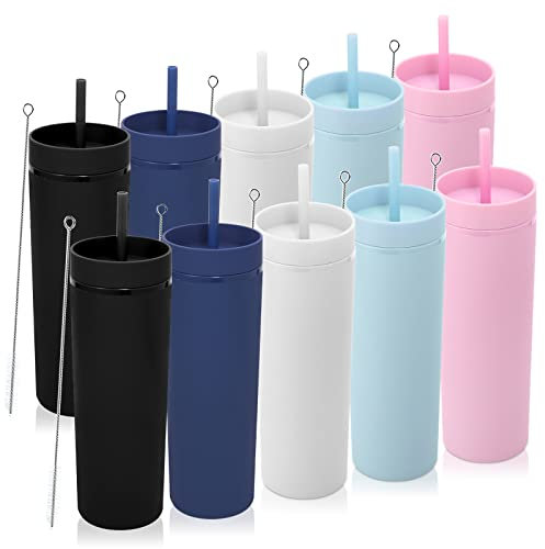 Volhoply 600ml Vasos de Plástico 10 Pack,Vaso de Doble Pared con Tapa y Pajita,Taza de Café Helado de Viaje Reutilizable,Tumbler de Agua de Acrílico Mate Sin BPA para Fiestas,Regalos (Surtido,10 Set)