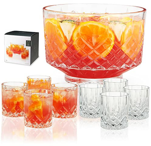 Viski Admiral Punch Bowl Set with 8 Tumblers, Cut Crystal Cocktail Party Serveware, Dishwasher Safe, 2.5 Gallons, 9 Oz Glasses, Set of 9