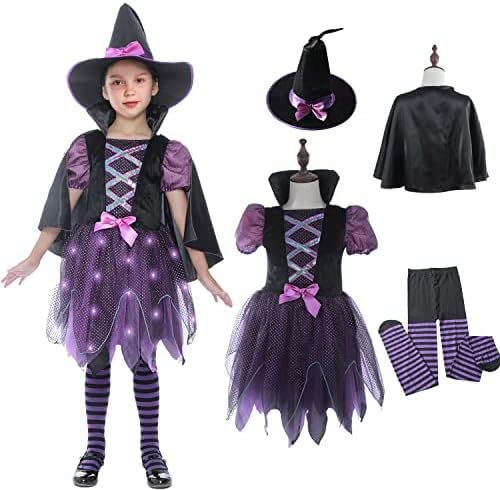 Rabtero Costume della strega di Halloween per bambini, accendi il vestito viola della strega con cappello, capo e collant, Halloween Witch Dress Up per le ragazze 5-6 anni