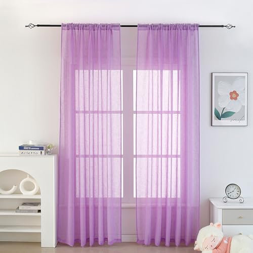 Tony's collection Lila halbtransparente Vorhänge, 249 cm lang, Kunstleinen für Schlafzimmer, Badezimmer, Wohnzimmer, 2 Paneele, Stangentasche, Flieder, 2 Paneele)