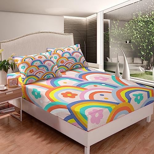 Tailor Shop Regenbogen-Spannbetttuch in voller Größe, rosa Spannbettlaken für Mädchen, Kinder, Blume, buntes Spannbetttuch, mit 2 Kissenbezügen