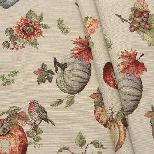 STOFFKONTOR Gobelin Möbelstoff Dekostoff Stoff Kürbis - Meterware, Farbe Natur - für leichte Polsterarbeiten, Dekorationen, Homeaccessoires uvm.