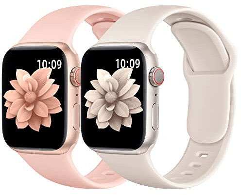 Ouwegaga 2 Pack Silicone Strap Compatible with Apple Watch Strap 38mm 40mm 41mm 42mm 44mm 45mm 49mm, Soft Sport Replacement Band for iWatch Series 9 8 7 6 5 4 3 2 1 SE Ultra 2, Sand Pink/Starlight