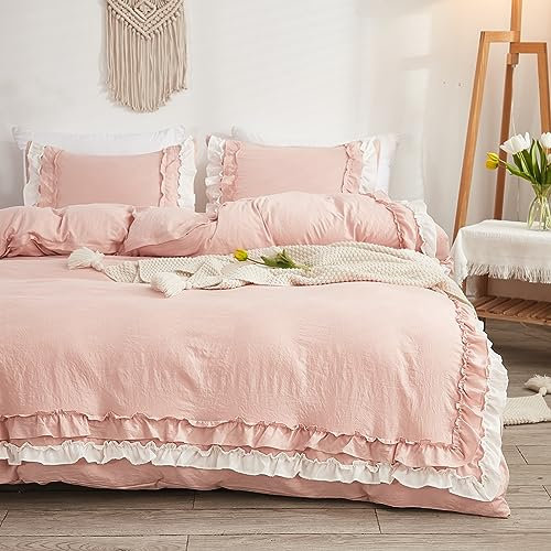 Herside Rosa Rüsche Bettwäsche 200x200 Böho Bettwäsche Set 2 Layer Rosa Weiß Rüschen Design Weich Mikrofaser Bettbezug mit 2 Kissenbezüge 80x80 cm (Weiß-Rosa, 200 x 200 cm)