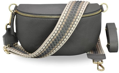BRISE Bauchtasche Damen Echtes Leder SAHEL Handgemachte Umhängetasche Crossbody Bag Hüfttasche mit Ledergurt + Optionalen Breiten Gemusterten Riemen Gürteltasche Made in Italy (Dunkelgrau-Gold 2)