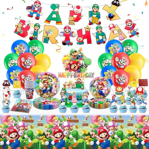 Partygeschirr Geburtstagsdeko, 85 Stück Deko Geburtstag Super Bros Pappteller Kindergeburtstag Luftballons Tischdecke Geburtstag Tortendeko Deko Geburtstag Kinder für 10/20 Personen