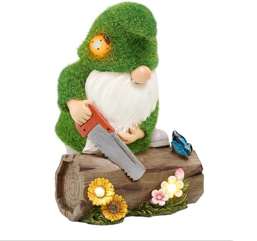 TERESA'S COLLECTIONS Gartenzwerge Gartendeko für Draußen,20cm Wetterfest Figur mit Solarleuchte,Holz Sägen Zwerg Gartenfiguren draußen aus Kunstharz,Gartendeko Solar