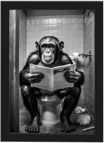 Singe sur WC, poster A4 avec cadre, décoration de toilettes, décoration murale, cadeau amusant