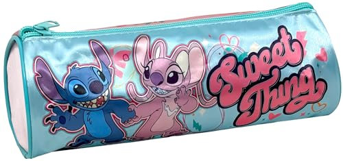 Clondo Trousse Scolaire Ronde pour Enfant – pour Fan de Stitch et Angel – Étui Bleu 21x8 cm avec Fermeture éclair – Cadeau pour Fille – école Primaire (CP à 6e)