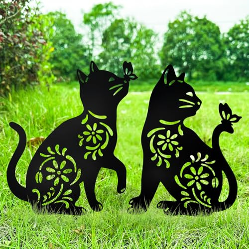 MrMrKura Metall-Katzenpfähle, Gartendekoration, schwarze Katze, Silhouette, Statue für draußen, Metall, dekorative Ornamente für den Außenbereich, Garten, Haus, Terrasse, Hof, Dekoration (2 Katzen)
