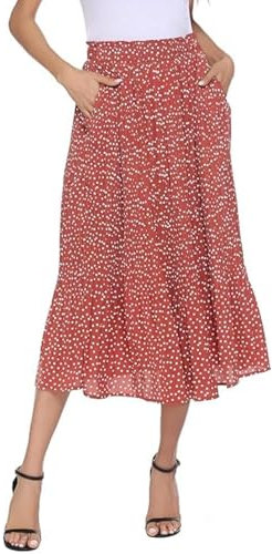 Parabler Damen Midi Röcke Polka Dot Retro Rock Lang Sommer Elegante Maxirock Hohe Taille Faltenrock mit Tasche Rot-1 S