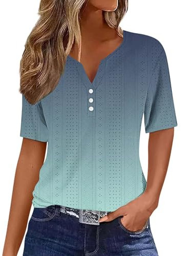 Tshirt Damen Sommer Kurzarm Tops Basic Baumwolle V-Ausschnitt Blusen Farbverlaufs Knopf T-Shirt Elegant Arbeit Button Down Oberteile Fashion Sportshirt Premium Marken