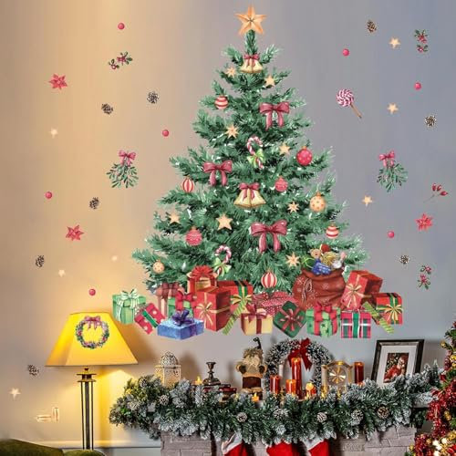 TOARTI Weihnachten Fenster Wandtattoo Weihnachtsbaum Große Wandaufkleber Baum Aquarell Fensteraufkleber Schneeflocken Kardinal Vogel Schaufenster Glas Tür Party Weihnachtsdeko