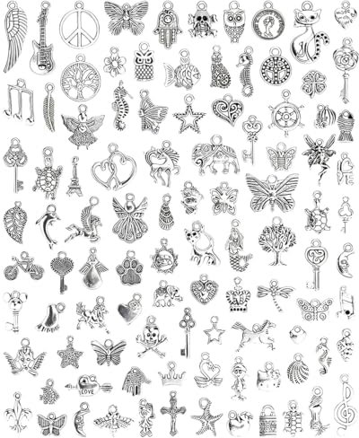 KSOIQPU 100 Stück Charms Anhänger Set,Armband,Halskette,Anhänger,Schmuck,Basteln,Anhänger Aus Tibetischem Silber,Für Die Herstellung Von Schmuck Und Handwerk