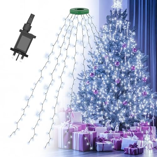 Gcstnn Christmas Tree Lights, 2m*16 Lines 400 LEDs Fairy Lights Mains Powered with 8 Light Modes,Memory & Timing Function,Waterproof for 1.5-2.5M(5-10ft) Christmas Tree Indoor and Outdoor- Cool White