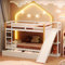 Aoskem Kinderbett Etagenbett 90x200 cm, Hochbett Hausbett mit LED- Leiste, Leiter & Rutsche, Stauraum 2 Schubladen, Holzbett Bettgestell mit Rausfallschutz und Lattenrost, Ohne Matratze, Weiß+Natur
