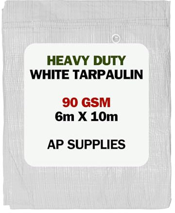 6m x 10m White Tarpaulin - 90gsm Thick - Waterproof, Weatherproof, Frost-Resistant, UV Protection, Universal, Multipurpose, Groundsheet, Camping, Boating, Hiking Heavy Duty Sheet