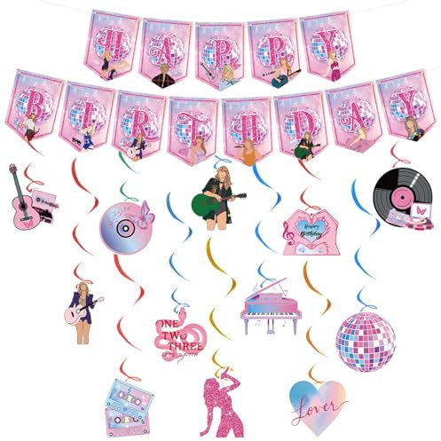 Chukua Singer Geburtstag Deko Mädchen- Bunting Girlande Hängende Deko Geburtstag Banner Swirl Decorations Geburtstagsdeko Happy Birthday Banner Dekoration für Kindergeburtstag Party Supplies Deko