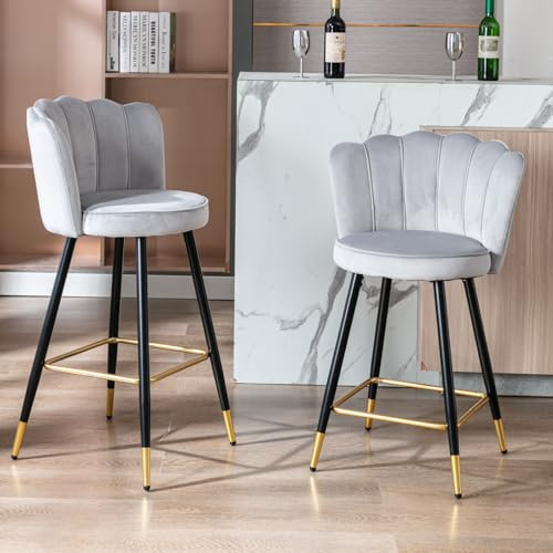 chairus Samt Barhocker 2er Set, Tresenhocker Barstühle Mit Blütenblatt Rückenlehne Bistrohocker mit Fußstütze, Hocker für Küche/Hausbar,Grau