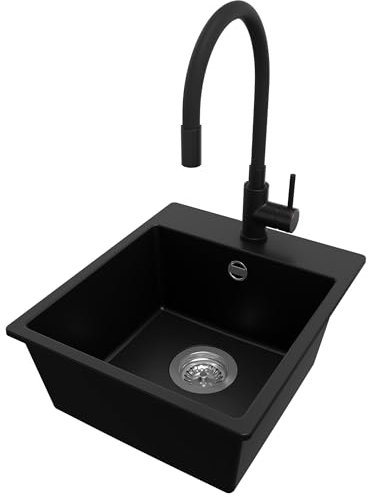 PRIMAGRAN Evier Cuisine en Granit Noir 38x44cm, Lavabo 1 bac + Robinet 40x38cm + Kit de Vidage, Évier à Encastrer al mueble 40cm - Riga Easy S017