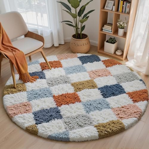 HUGEAR Teppich Kariert Hochflor Teppich Rund 120cm Bunt Runder Wohnzimmer Schlafzimmer Rutschfester Kinderteppich Flauschig Weicher Carpet Living Room Kinder Mädchen Jungs Bettvorleger