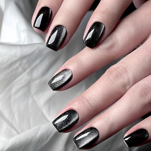 24Pcs Cat Eye False Nails, Black French Tip Press on Nails, Short Square Fake Nails, Glitter Glue on Nail with Glue Stickers, Full Cover Artificial Stick on Nail for Women and Girls Nail Art