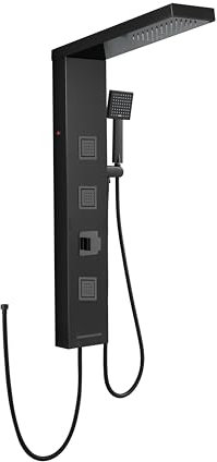 ROVOGO Komplett Schwarze Duschpaneel ohne Armatur mit LED, 4 Funktionen Duschpaneele - Regendusche, 3 Eckige Massagedüsen, Handbrause, Wanneneinlauf, Edelstahl Duschsäule für Badezimmer, Wandmontage