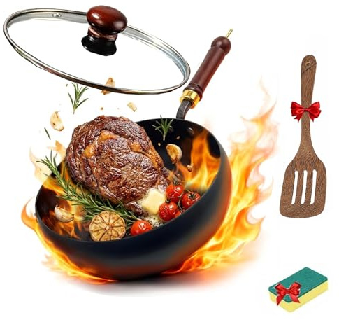 Unbeschichtete Eisenpfanne, handgeschmiedeter Eisen-Bauchtopf, Eisenbratpfanne, vielseitiges Kochgefäß zum Simmern und Braten bei hoher Hitze, Induktionsherd-kompatibel (Glas Topfdeckel, 28CM)