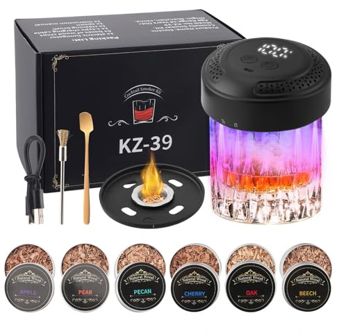 Elektrischer Whisky Smoker Set, Altmodisch USB-C Siederaufladbar Whiskey Smoker Set, mit 6 Holzchips, Digitalanzeige, Countdown-Funktion, Stimmungsbeleuchtung, Wiederaufladbarer Cocktail Räuchergerät