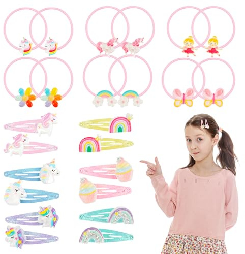 24 Stück Haarspangen Haargummis Set für Mädchen, Einhorn Haarspangen Kinder Haarschmuck mit Glitzer, Haaraccessoires für Mädchen Geburtstag, Niedliche Haarclips und Haarreifen als Geschenk