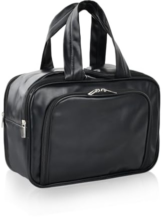5 en 1 Grande Trousse de Toilette Voyage, 32,5x15x21,5cm, Trousse Maquillage Femme Homme Imperméable PU avec 2 Compartiments Verticaux, Poche Articles Humides et Pinceaux, Bain Sport Camping