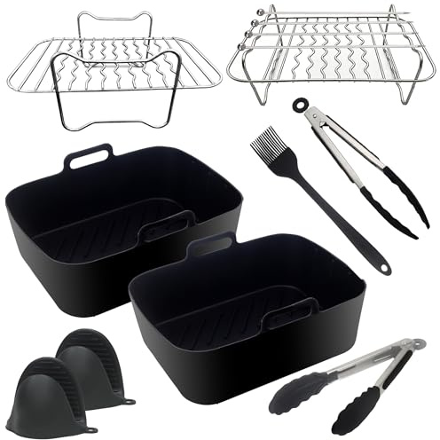 Air Fryer Accessories Set 8 Pcs for Ninja Dual AF400UK AF300UK AF451UK, Silicone Liners, Rack, Skewers, Gloves, Tongs & Oil Brush, Reusable for 7.6L-9.5L Dual Basket Air Fryers