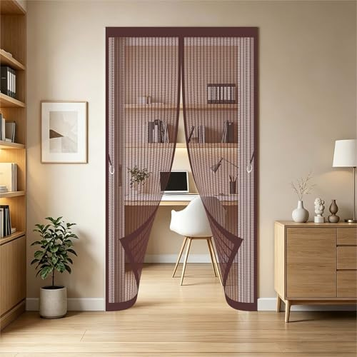 Cortina Mosquitera 88 x 235 cm Cierra Automáticamente, Fácil Instalación sin Taladrar Cortina Mosquitera Magnética para Puerta Exterior Cierre para Dormitorio, Correderas, Marrón