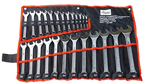 DEMA Ringschlüssel & Gabelschlüssel Set 25-tlg, Chrom-Vanadium Stahl, mattverchromt, 6-32 mm, prakt. Rolltasche, kröpfbarer Ringkopf, langlebig, ideal für Profi, Heimwerker, Werkstatt
