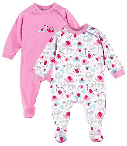 Bornino Basics - Schlafoverall Set 2er-Pack rosa - für Babies - seitlicher Reißverschluss Einteiler - Allover Elefanten-Print - Reine Baumwolle - Größe 86
