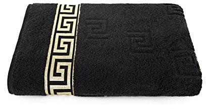 Arle-Living Medusa Saunatuch 100x200 cm - schwarz - feinste Baumwolle Hochflor Frottee mit Medusa Flachprägung und Goldener Medusa Bordüre