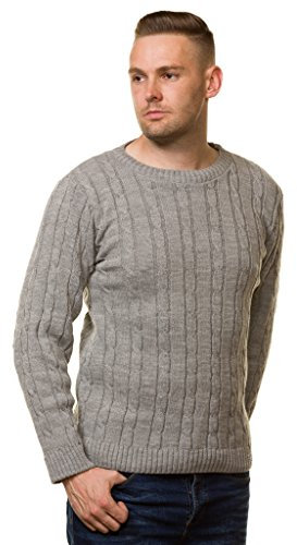 Bay eCom UK New Men’s Chunky Cable Knit Pullover Thick Jumper Warm Winter Sweater S to 5XL Silver