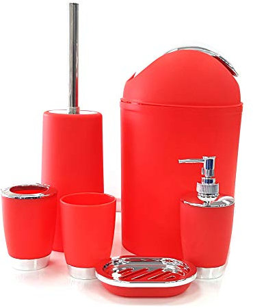 BATHROOM SET 6 PIECE ACCESSORY BIN SOAP DISH DISPENSER TUMBLER TOOTHBRUSH HOLDER RED COLOR