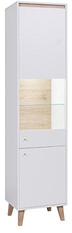 Mirjan24 Vitrine Oviedo WIT50, Standvitrine im skandinavischen Stil, Vitrinenschrank mit 6 Einlegeböden, Hochschrank, Glasvitrine, Wohnzimmer (Weiß Matt/San Remo Eiche Hell, ohne Beleuchtung)