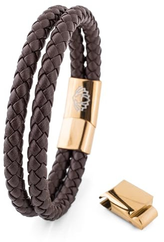 Akitsune Simplicitas Lederarmband | Magnetisch Premium Armschmuck Frauen Herren Geflochten Männer Handgefertigt Armband - Gold - Braun 22cm