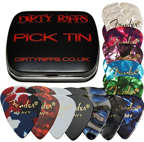 Fender Celluloid Guitar Picks/Plektren – 24 x dickem Picks – 2 von jeder Farbe – 351 in Plektrumdose