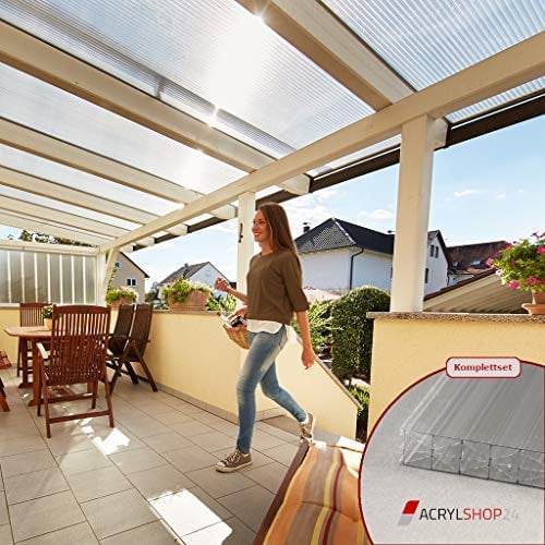 Acrylshop24 Terrassendach Terrassenüberdachung Carport Komplettset Polycarbonat 16mm X-Struktur Stegplatten farblos 16mm Stegplatten Tiefe:3000mm|Breite:6120mm - Mehrere Maße verfügbar